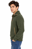 Pull tricoté pour homme Livster vert olive à demi-zip avec bordure contrastante beige, manches longues, chaud pour l'hiver, tricot côtelé de haute qualité