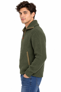 Pull tricoté pour homme Livster vert olive à demi-zip avec bordure contrastante beige, manches longues, chaud pour l'hiver, tricot côtelé de haute qualité - Product Image 2