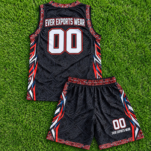 Uniforme de Baloncesto Personalizado al por Mayor con Etiqueta Personalizada, Jersey y Pantalones Cortos de Baloncesto con Patrón Tribal Negro y Rojo, Ropa de Equipo - Product Image 3