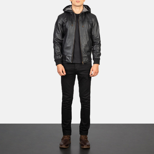 Veste en cuir noire à capuche pour homme avec fermeture éclair, coupe classique, style moto, couleur unie, manches longues, veste en similicuir pour homme - Product Image 2