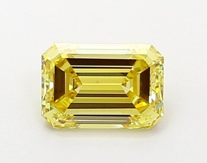 Prix fabricant : diamant jaune de 0,91 carat, taille émeraude, fantaisie intense, clarté VVS2, excellente taille, haute valeur, pierre CVD non montée. - Product Image 1