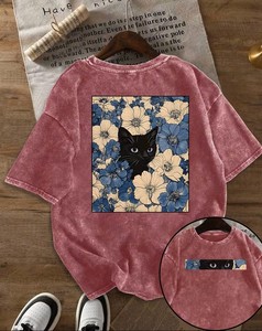 T-shirt à manches courtes col rond pour femme, imprimé numérique style line art, coupe ample, en jersey décontracté, toutes saisons - Product Image 1