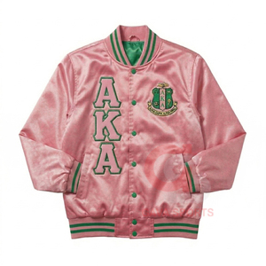 Veste bomber vintage personnalisée pour femme, style grec Alpha et AKA, rose et verte, avec broderie tricotée, pour sororité - Product Image 1
