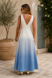 Robe longue décontractée sans bretelles en rayonne à carreaux bleus et blancs pour femme, style élégant, respirante, avec ourlet évasé et sans manches - Product Image 2