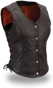 Women <b>Black</b> Genuine Leather <b>Vest</b> Side Laces Fashion Waistcoat - Product Image 1