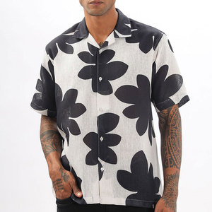 เสื้อเชิ้ตฮาวายแขนสั้นลายดอกไม้ผ้าลินินผสมฝ้ายสำหรับผู้ชาย ปกคอปกเสื้อแบบพับได้ สวมใส่สบาย ระบายอากาศได้ดี เหมาะสำหรับฤดูร้อน - Product Image 1