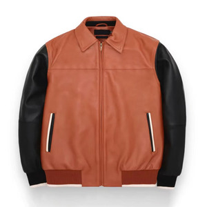 Chaqueta Bomber de Cuero Marrón para Hombre con Cierre de Cremallera en las Mangas Negras, Cuello Camisero, Estilo Otoñal, Ropa Exterior Informal - Product Image 3