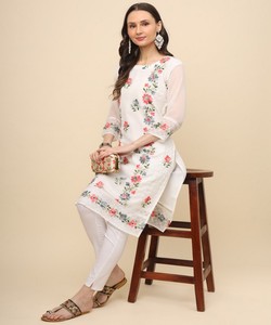 ชุดคุर्ติงานปักชิกันคารีแบบหรูหราสไตล์จอร์เจตต์ ลัคโนวี สำหรับงานเทศกาล ราคาขายส่ง เสื้อผ้าชาติพันธุ์ สีขาว - Product Image 3