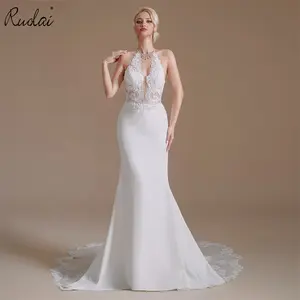 Ruolai QD06162 простое свадебное платье русалки с лямкой на шее без рукавов Аппликации Атласное Свадебное Платье С Открытой Спиной