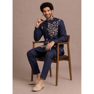 Ensemble de Kurta de mariage bleu marine brodé pour homme, pour tenue formelle - Product Image 5