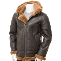 Herren Echtleder-Jacke mit Kapuze und Kunstfell-Futter Winddichte Motorrad-Bikerjacke Wintermantel