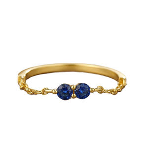 Anillo Fino de Moda para Propuesta de Matrimonio, Zafiro Azul de Corte Redondo, Oro Sólido de 14K/18K, Anillo Minimalista con Media Cadena de Diamantes, Anillo de Promesa - Product Image 1