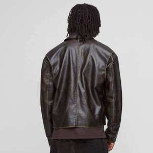 Vintage Byron Collar Streetwear <b>Leather</b> <b>Jacket</b> <b>Winter</b> Wear <b>Leather</b> Bomber <b>Jacket</b> Custom Logo & Design Full Zip-up <b>Leather</b> <b>Jacket</b> - Product Image 2