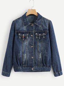 Blue Denim Motorcycle Jacket Women Long Sleeve Turn-down Collar Zipper Closure Solid Breathable Autumn Short Length - Product Image 4
