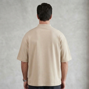 Men's Beige T Shirt High Neck Crew Neck Oversized Short Sleeve Casual Streetwear Minimalist Cotton <b>Tshirt</b> - Product Image 2