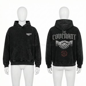 Custom <b>Black</b> Streetwear Hoodie Acid Wash Graphic Print Pullover Heavyweight Cotton <b>Fleece</b> Mens Hoody Bulk Apparel Manufacturing - Product Image 1