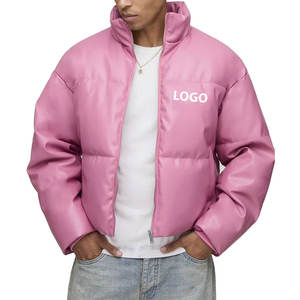 High Quality Men's Pink PU Puffer Jacket Stand Collar Zipper Closure Windproof <b>Thick</b> Polyester Filling Casual <b>Winter</b> <b>Coat</b> Loose - Product Image 4