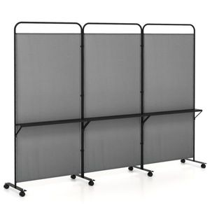 Customizable 3-Panel Folding <b>Divider</b> with Lockable Wheels and 3 Metal Shelves <b>Vintage</b> Design Grey <b>Room</b> Partition - Product Image 2
