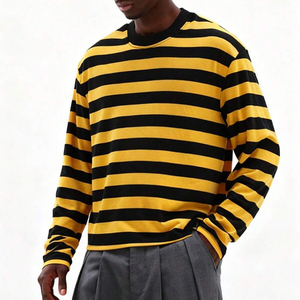 Pull tricoté rayé à manches longues pour homme, col rond, motif jaune et noir, coupe ample, style décontracté, T-shirt rayé pour homme – Grande Vente - Product Image 2