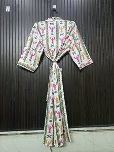 ชุดคลุมกิโมโนผ้าฝ้ายสีเขียวสำหรับผู้หญิง ลายกุ้งก้ามกราม คอวี ชุดคลุมอาบน้ำลำลอง ผ้าทอเนื้อนุ่ม ซักเครื่องได้ - Product Image 6