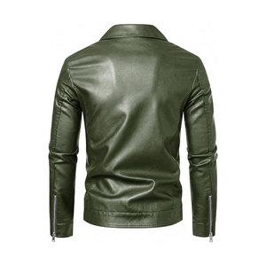 Men's Green PU Leather Moto <b>Biker</b> <b>Jacket</b> With Zipper Closure Turn-down Collar Regular Sleeve Solid Color Slim Fit Autumn Style - Product Image 2