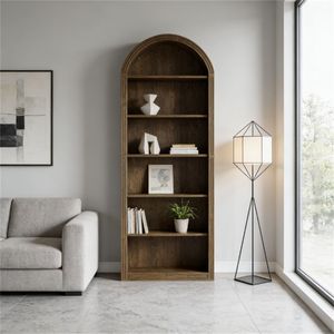 Libreria Alta in Legno con Arco, Scaffale Espositivo e Piattaforma per Libri e Piante - Product Image 4