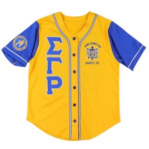 Maillot de baseball Sigma Gamma Rho Sorority à boutons, bleu et jaune, pour femme, avec lettres grecques, chemise de sport, maillot d'équipe athlétique personnalisé - Product Image 1