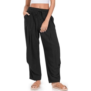 Pantalones Harem Negros para Mujer, de Algodón, con Cintura Ajustable con Cordón, Corte Holgado, Largura hasta el Tobillo, Casuales de Verano, con Bolsillos - Product Image 1