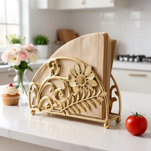 Luxury <b>Gold</b> Floral Napkin Holder Decorative Metal <b>Paper</b> <b>Tissue</b> Stand Vintage Scrollwork Design Dining Table Organizer Kitchen - Product Image 1
