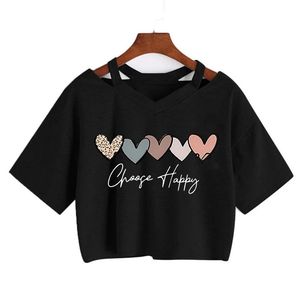 เสื้อครอปคอวีแขนสั้นทรงหลวมพิมพ์ลายหัวใจสำหรับผู้หญิง เลือกสวมใส่สบายๆ ในฤดูใบไม้ผลิและฤดูร้อน - Product Image 4