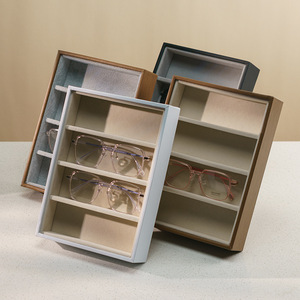 New 4-Slot Vertical Wood Grain Leather Glossy White Black Wood <b>Sunglasses</b> & Glasses Display Stand - Product Image 3