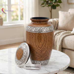 Wood Finish Metal Cremation Urn Funeral Memorial Ashes Storage <b>Jar</b> Customizable Design <b>Large</b> Capacity Decorative Funeral Urns - Product Image 2