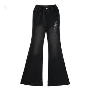 Vaqueros de mezclilla acampanados de tiro medio con detalle de lazo, bordado sólido, algodón, lavado a la piedra, corte ajustado casual, estilo primavera para mujer - Product Image 3