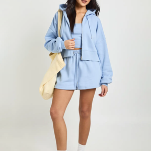 Ensemble décontracté 2 pièces tendance pour femme, coupe ample, à manches longues et à capuche, motif uni, nouvelle collection printemps, sweat à capuche zippé et short pour femme - Product Image 4