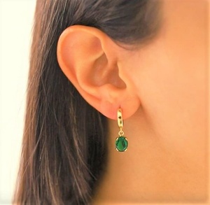 <b>Emerald</b> Dangle Hoop Earrings May Birthstone Oval Cut Green Gemstone 925 Sterling Silver 14K Gold Plated Jewelry/ - Product Image 4
