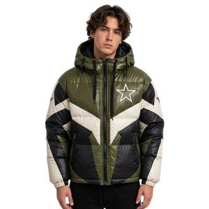 Blousons matelassés personnalisés en polyester noir avec panneaux étoilés et blocs de couleur, style crème olive, avec un capuche graphique distinctif - Product Image 1