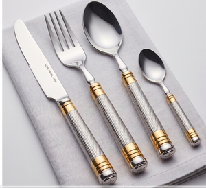 Ensemble de couverts en acier inoxydable doré bicolore, design unique, finition diamantée, bandes PVD dorées, finition miroir, pour mariage et événements - Product Image 1