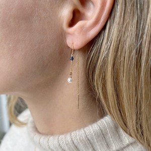 Sapphire and Pearl Drop <b>Earrings</b> September Birthstone Hanging Pearl <b>Earrings</b> Dainty Elegant Jewelry for Women Gift - Product Image 4