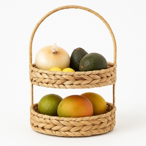 Water Hyacinth 2 Tier Woven Handmade Modern <b>Rustic</b> Vintage Storage Basket Natural Color Multifunction Home Kitchen Hotel Storage - Product Image 1