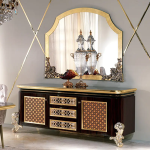 Juego de Comedor de Lujo Europeo, Mesa Rectangular para 8 Personas con Cubierta de Vidrio, Negro y Dorado, Artístico, Madera de Caoba Sólida, Muebles para Villa - Product Image 2