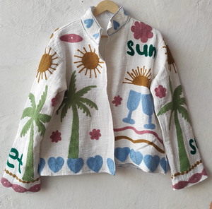Sujani Embroidered Leather Bomber <b>Jacket</b> Reversible Floral Design Autumn Stand Collar - Product Image 2
