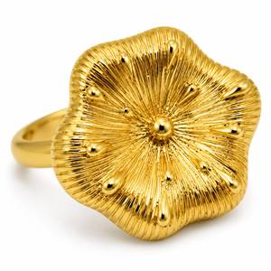 Bague personnalisée plaquée rhodium, motif soleil rainuré et fleur de coquelicot, bague de cocktail audacieuse pour femme, bijoux de luxe botaniques tendance pour défilé - Product Image 2