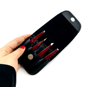 Juego de 4 pinzas para cejas RMI Wholesale, de acero inoxidable con punta plateada y recubrimiento en polvo color marrón oscuro, con punta inclinada. - Product Image 6