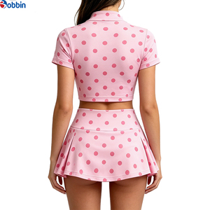 Conjunto de 2 piezas de lunares para mujer, top corto de manga corta con cremallera y falda por encima de la rodilla, ropa deportiva de verano, muy de moda y superventas. - Product Image 4