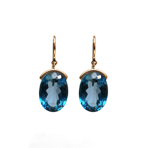 Natural London Blue Topaz Oval Drop <b>Earrings</b> in Solid 14K Yellow Gold Large Faceted Blue Gemstone Dangles December Birthstone - Product Image 2