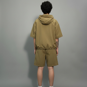 Men's Olive Green Hooded Zip-Up Short Sleeve Jacket and Shorts <b>Set</b> Casual Breathable Summer Outfit Solid Color Polyester - Product Image 2