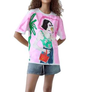 Camiseta estampada para mujer con gráfico de chica de verano, corte holgado, cuello redondo, manga corta, top informal de algodón - Product Image 1