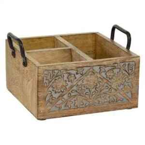 Carved Wooden Cutlery Holder with Metal Handles 4 Compartment Utensil Organizer <b>Kitchen</b> <b>Table</b> Storage Box Rustic Decor - Product Image 1