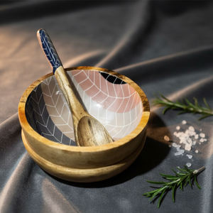 Ensemble bol et cuillère en mosaïque florale en bois moderne fait main, emballage écologique sans plastique, cadeau d'entreprise à bon prix - Product Image 4