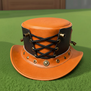 Chapeau haut de forme en cuir orange et noir, fait main, de qualité supérieure, avec corset, pour cosplay gothique steampunk - Product Image 5